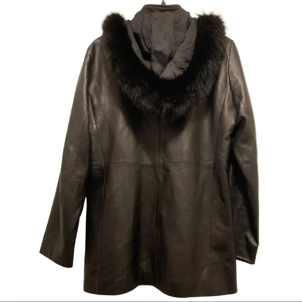 Burberry London Black Leather Bomber with Fur Hood
